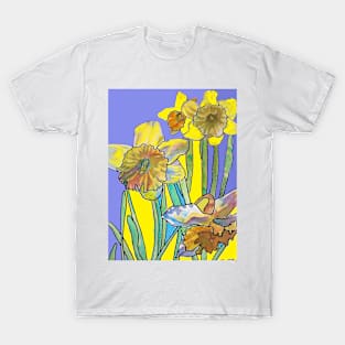 Abstract Yellow Daffodil Watercolor Pattern on Navy Blue T-Shirt